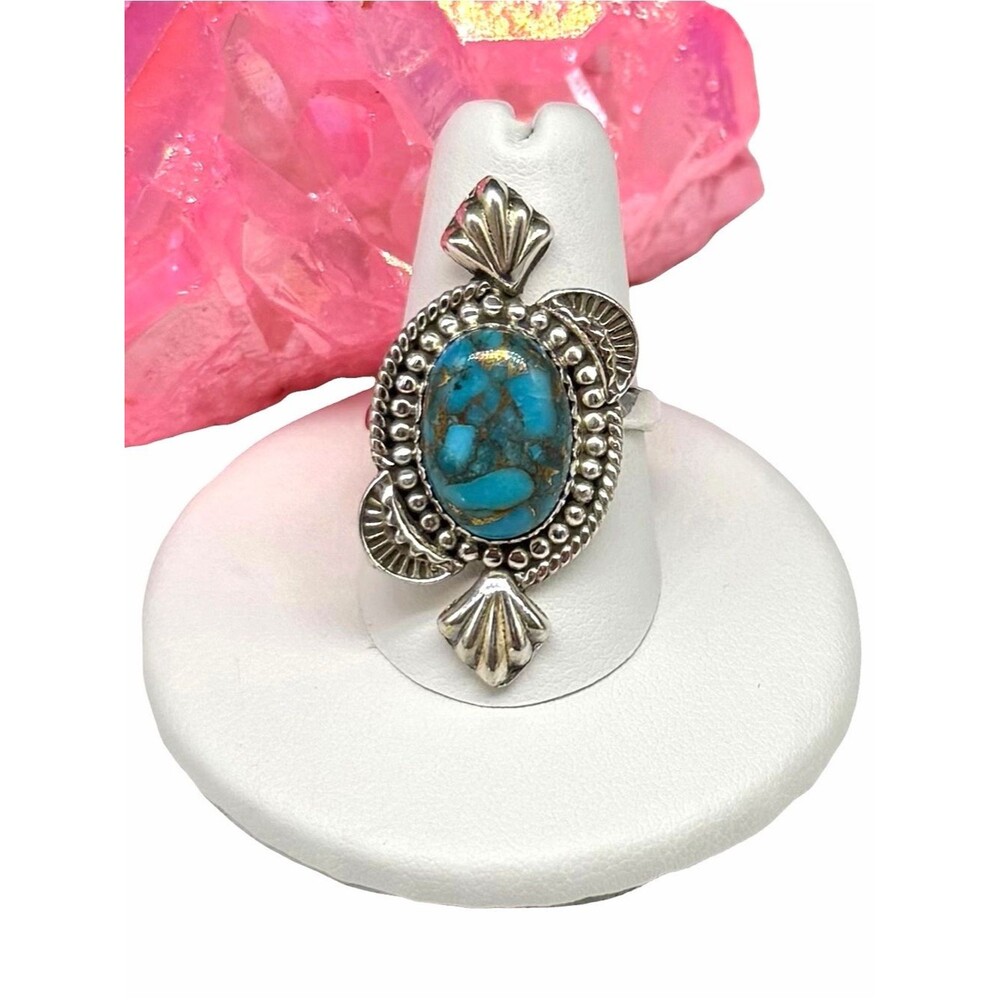 Kingman Copper Turquoise Ring Solid 925 Sterling Silver Adjustable Size 7 - 9